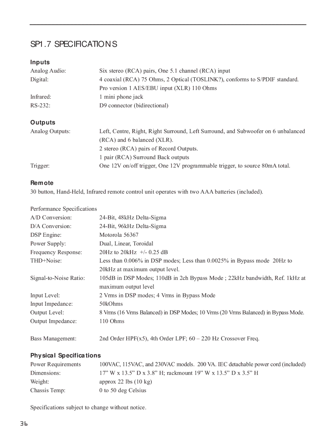 Bryston manual SP1.7 Specifications, Inputs 