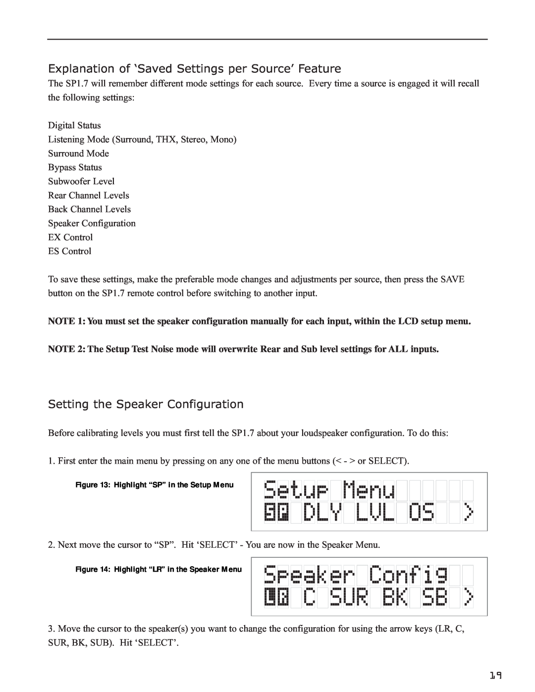 Bryston SP1.7 manual Setting the Speaker Configuration 