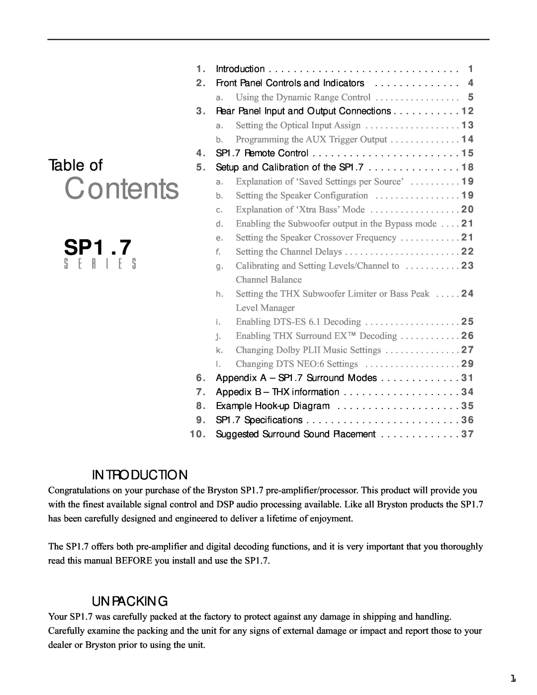 Bryston SP1.7 manual Introduction, Unpacking, Contents, Table of, S E R I E S 