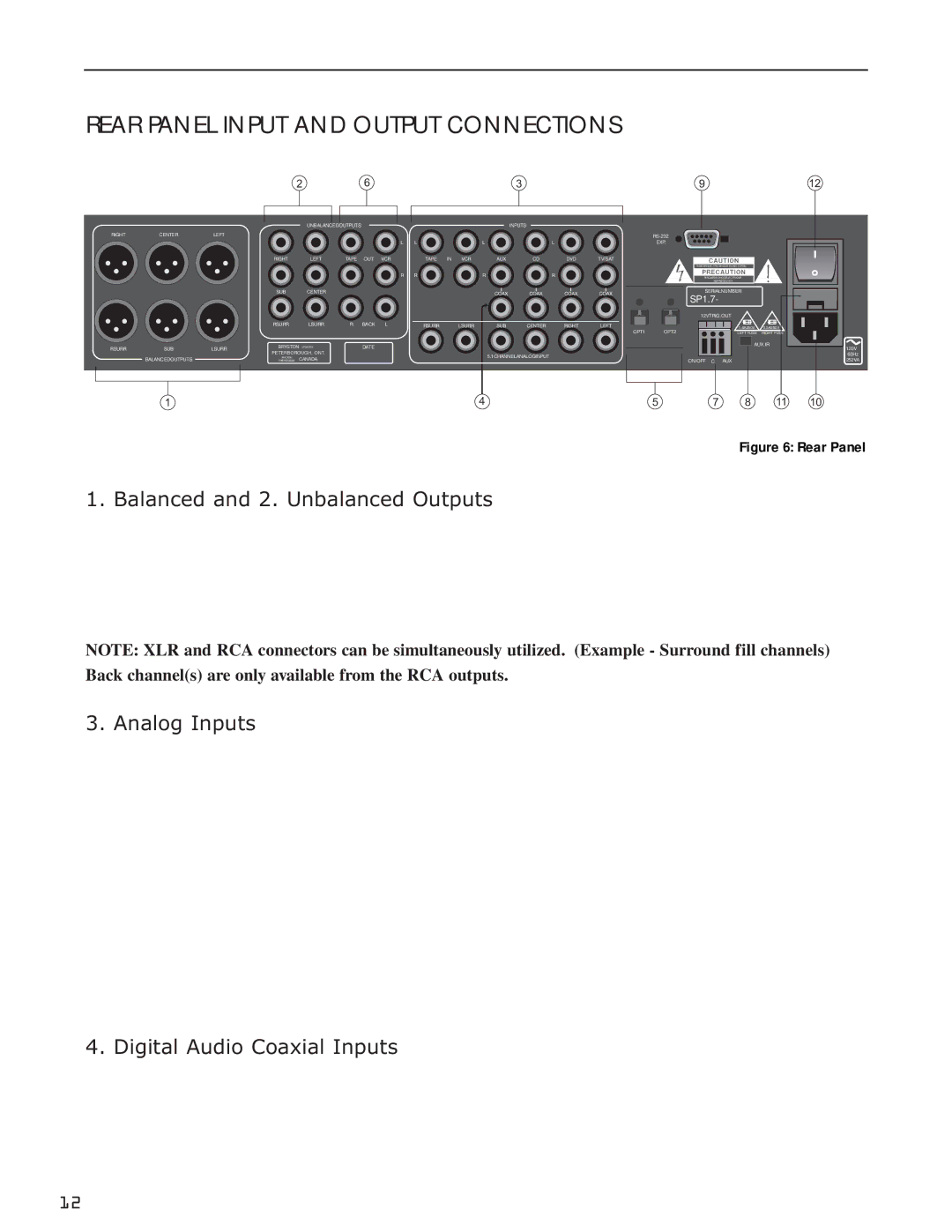 Bryston SP1.7PRECISION manual Rear Panel Input and Output Connections, Balanced and 2. Unbalanced Outputs, Analog Inputs 