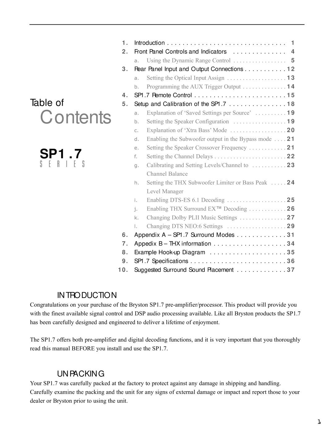 Bryston SP1.7PRECISION manual Contents 