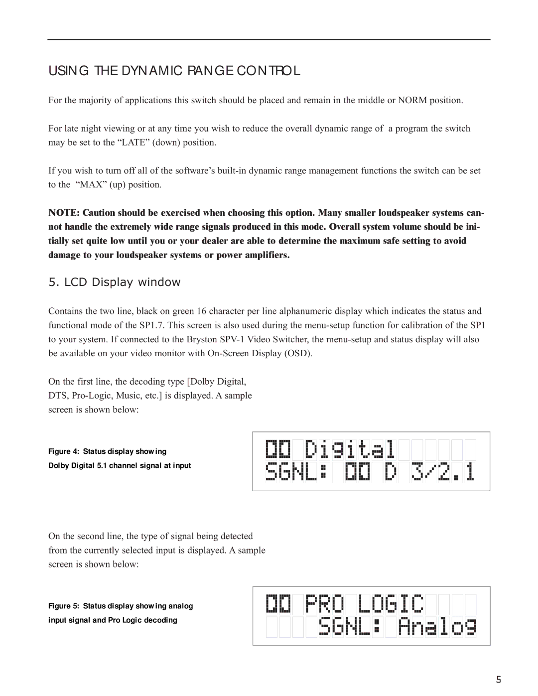 Bryston SP1.7PRECISION manual Using the Dynamic Range Control, LCD Display window 