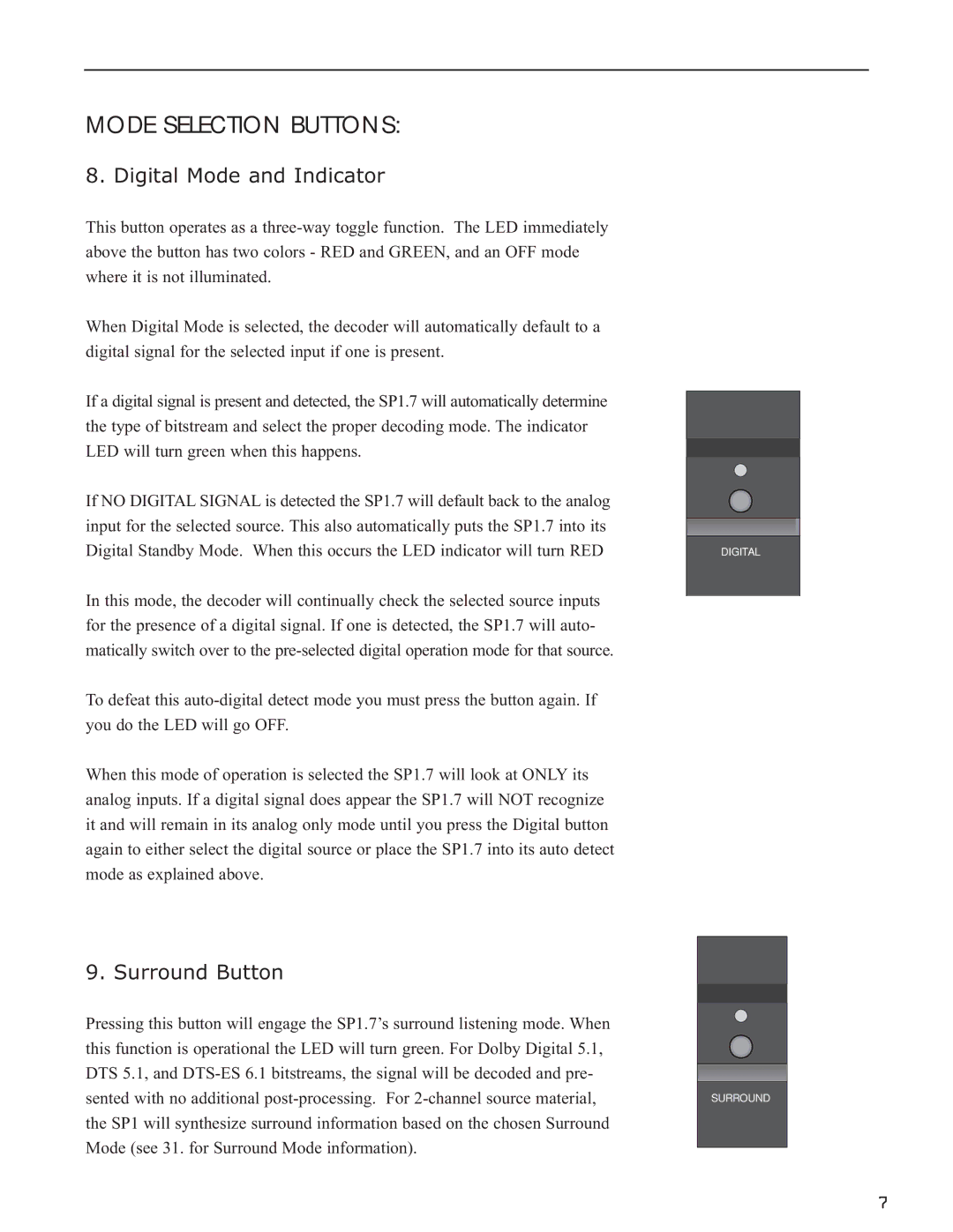 Bryston SP1.7PRECISION manual Mode Selection Buttons, Digital Mode and Indicator, Surround Button 