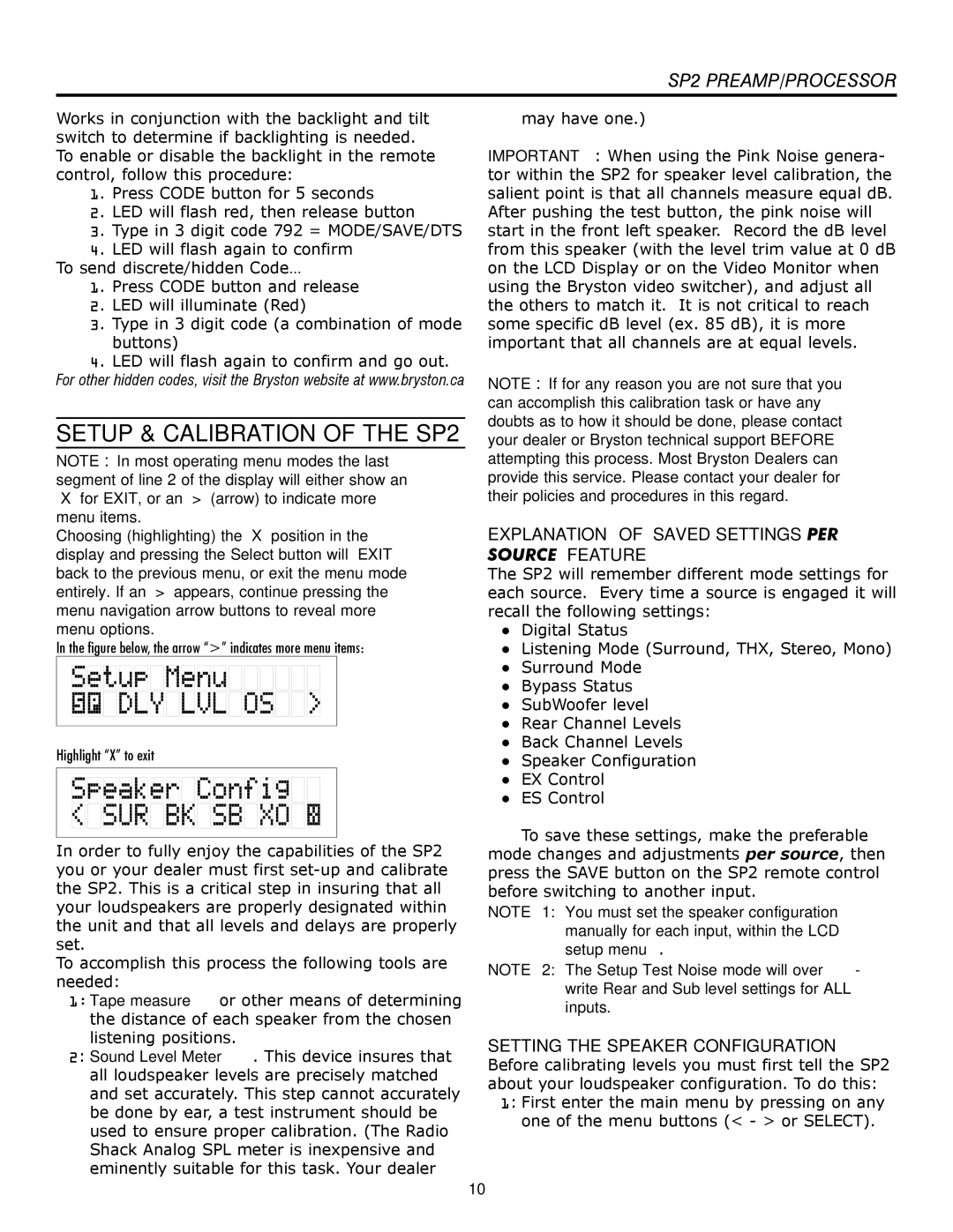 Bryston SP2 PREAMP owner manual Setup & Calibration of the SP2, Explanation of ‘Saved Settings per Source’ Feature 