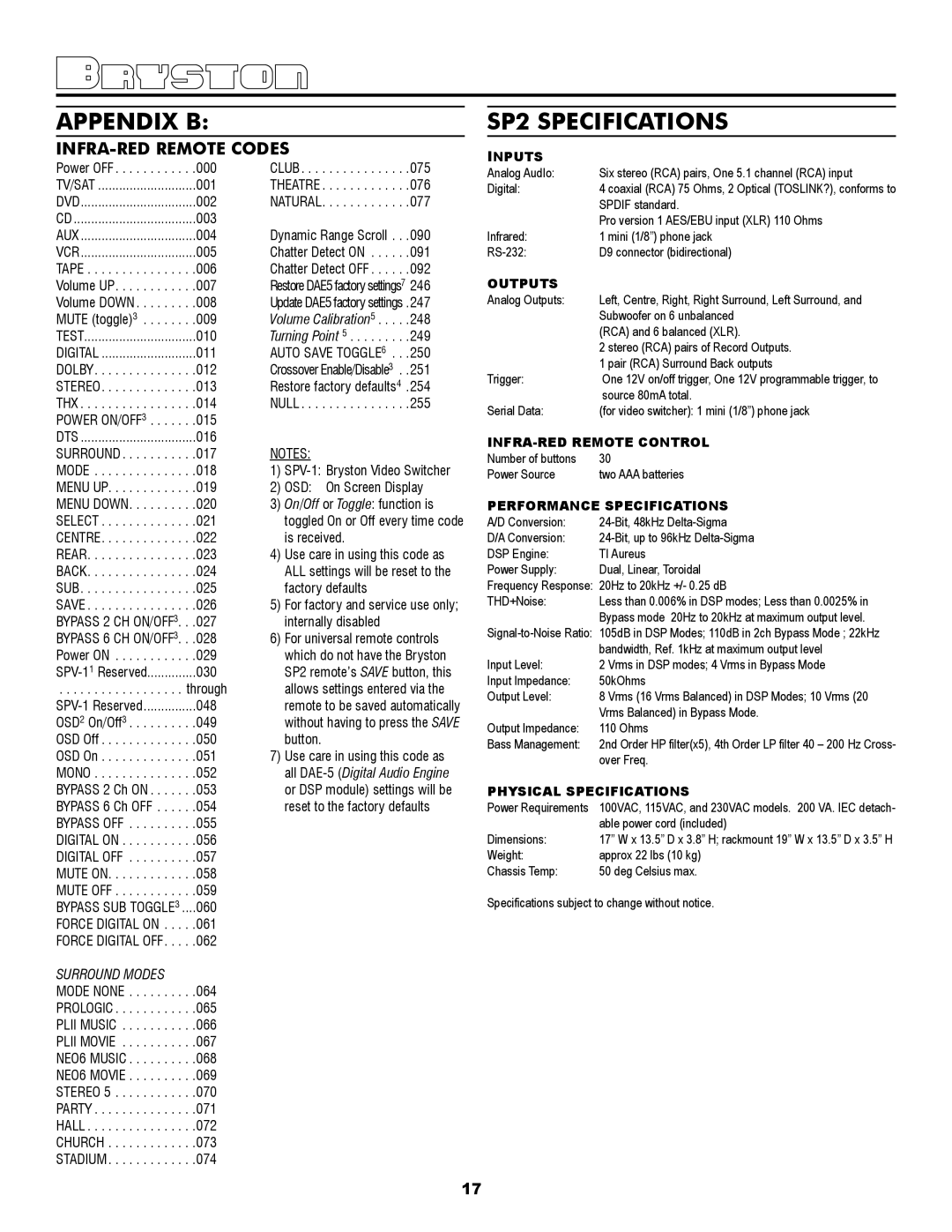 Bryston SP2 PREAMP owner manual Appendix B, SP2 Specifications, Infra-red remote codes 