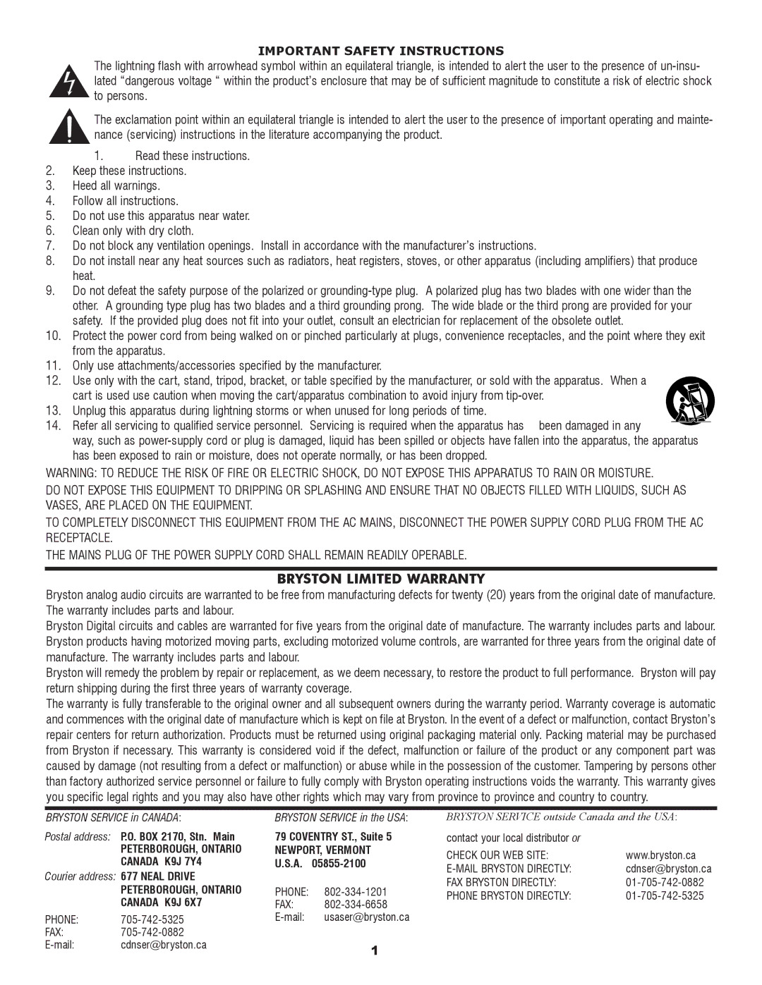 Bryston SP2 PREAMP owner manual Bryston Limited Warranty, Important Safety Instructions 