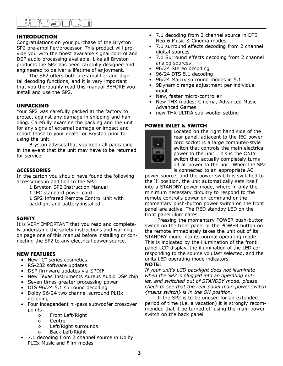 Bryston SP2 PREAMP owner manual Introduction, Unpacking, Accessories, Safety, Power Inlet & Switch 