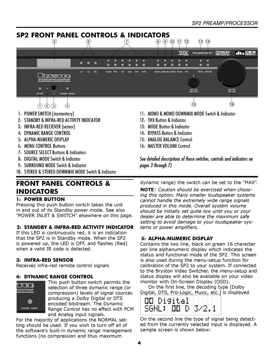 Bryston SP2 PREAMP owner manual SP2 Front Panel Controls & Indicators 