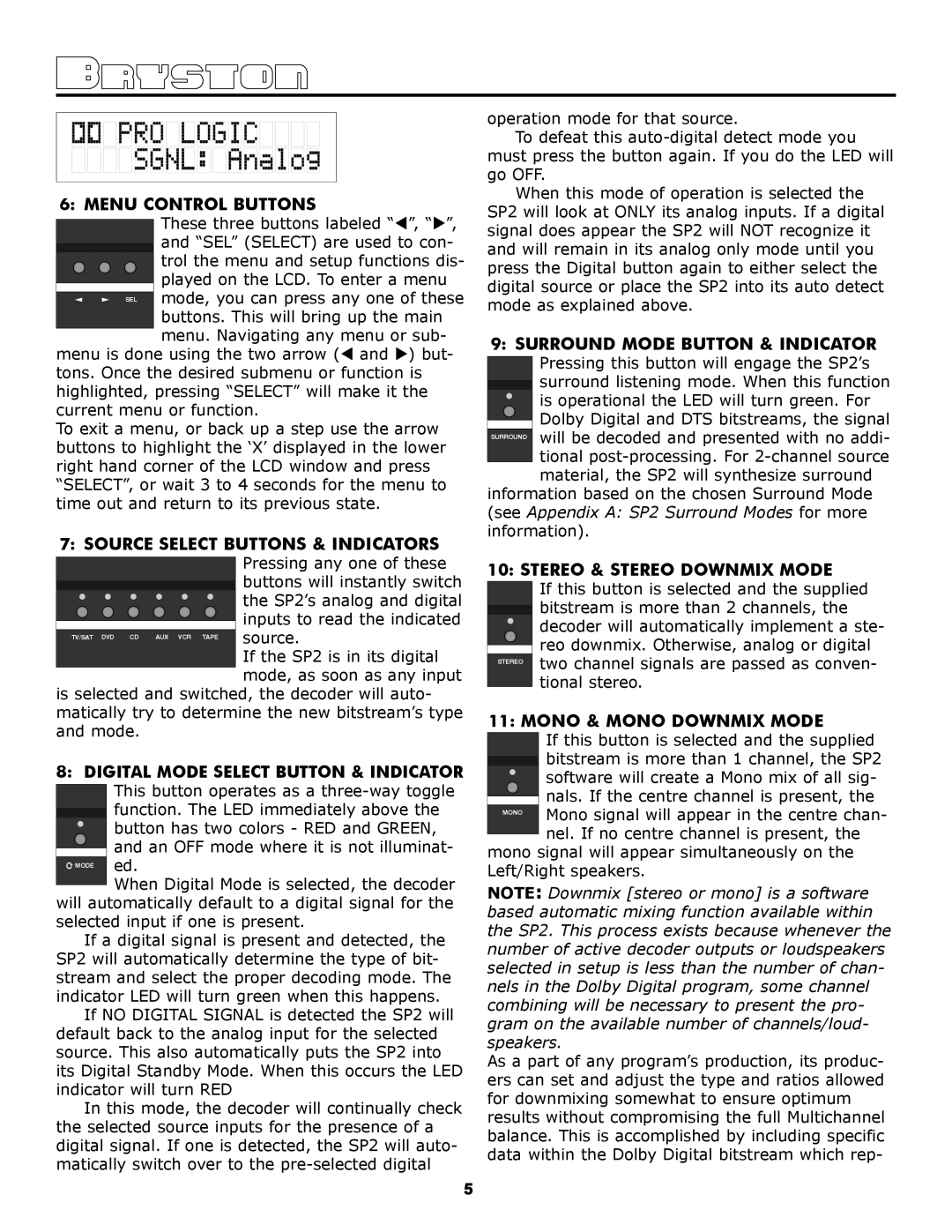 Bryston SP2 PREAMP Menu Control Buttons, Source Select Buttons & Indicators, Digital Mode Select Button & Indicator 