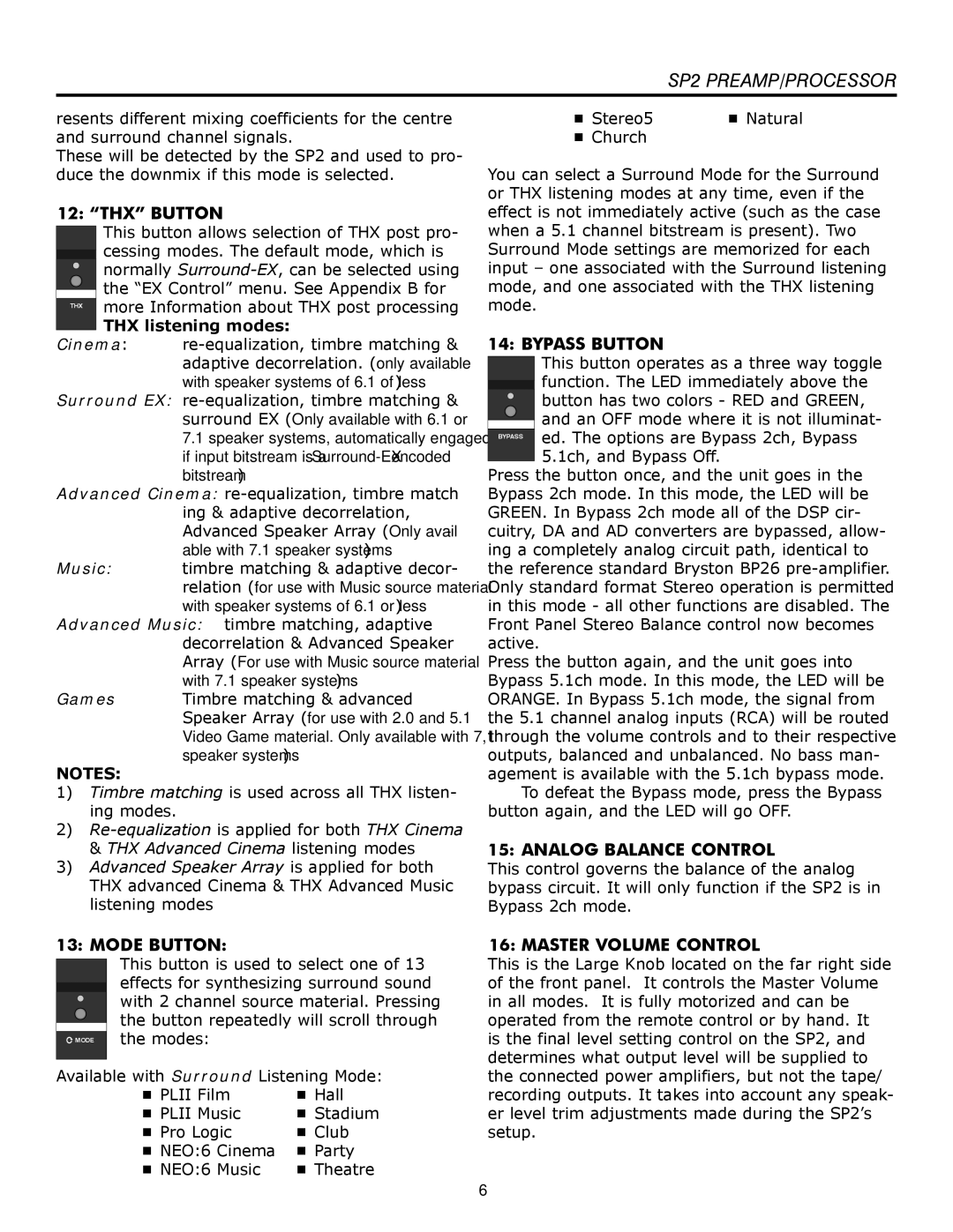 Bryston SP2 PREAMP owner manual THX Button, Bypass Button, Analog Balance Control, Mode Button, Master Volume Control 