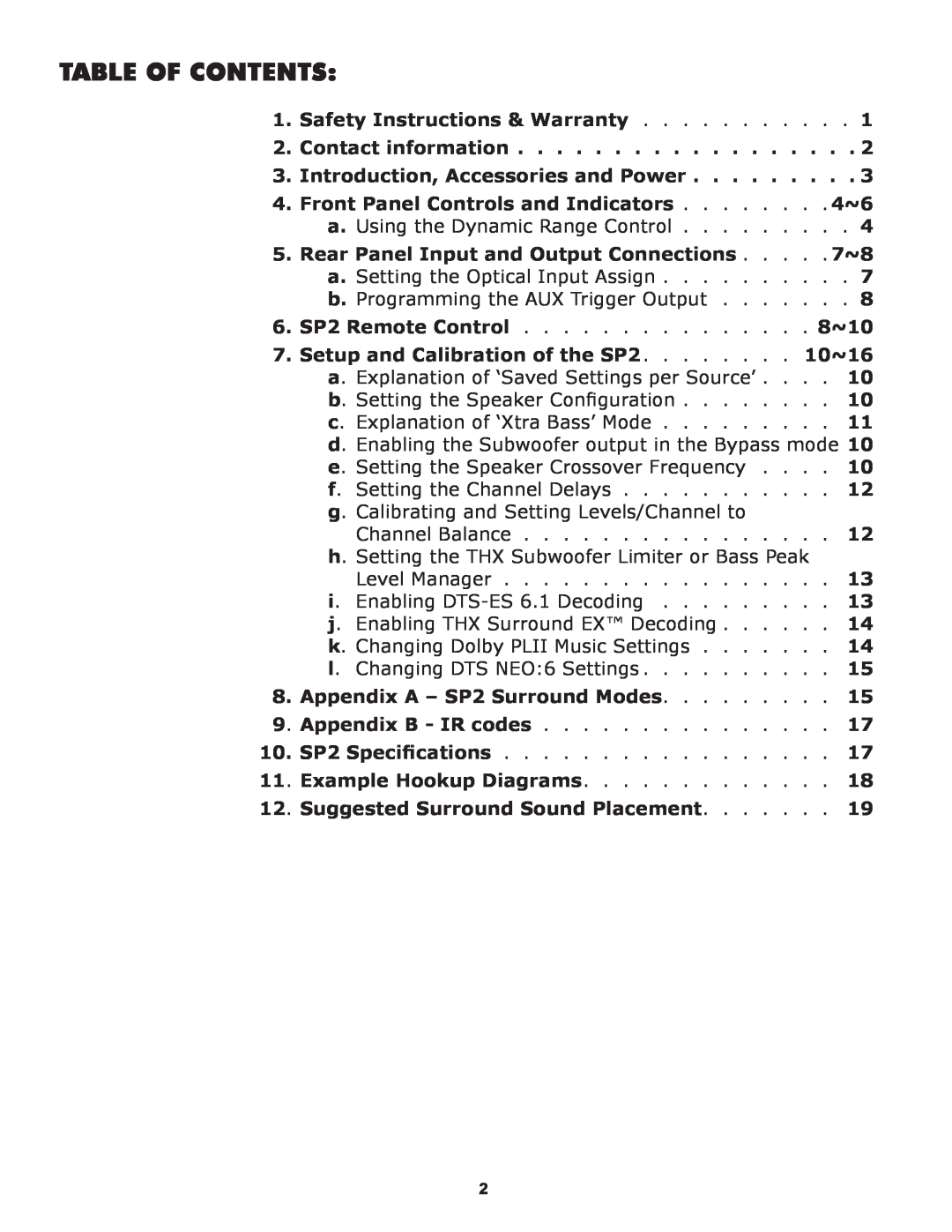 Bryston SP2 owner manual Table Of Contents 