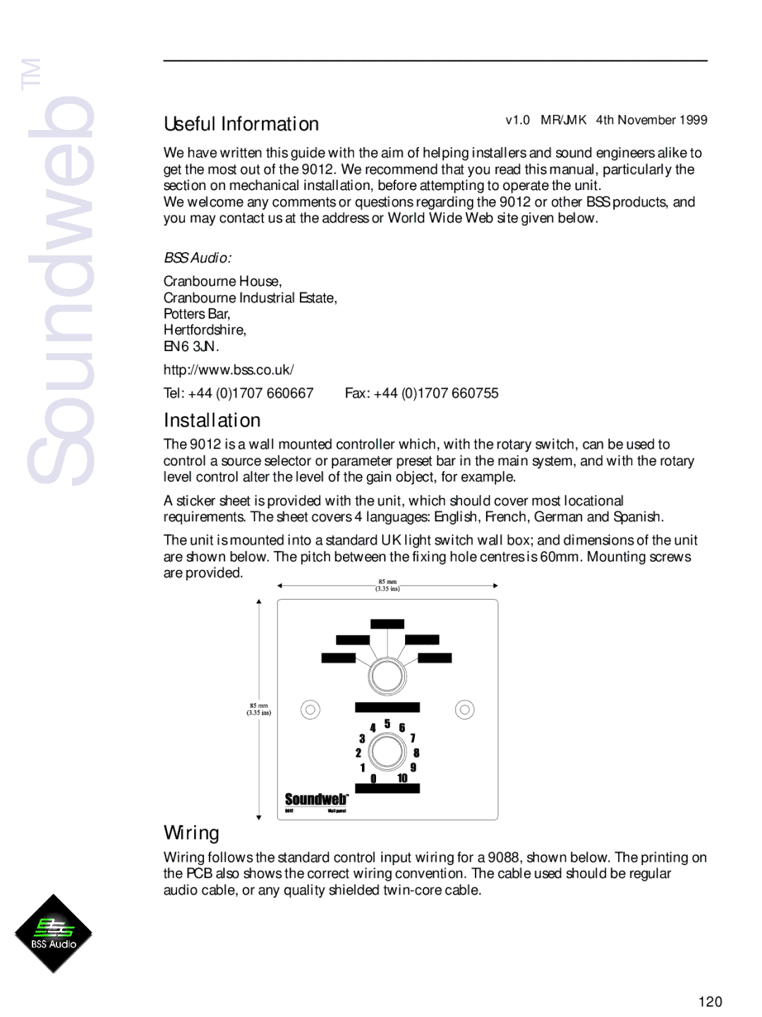 BSS Audio 9012 manual Useful Information, Installation, Wiring, BSS Audio 