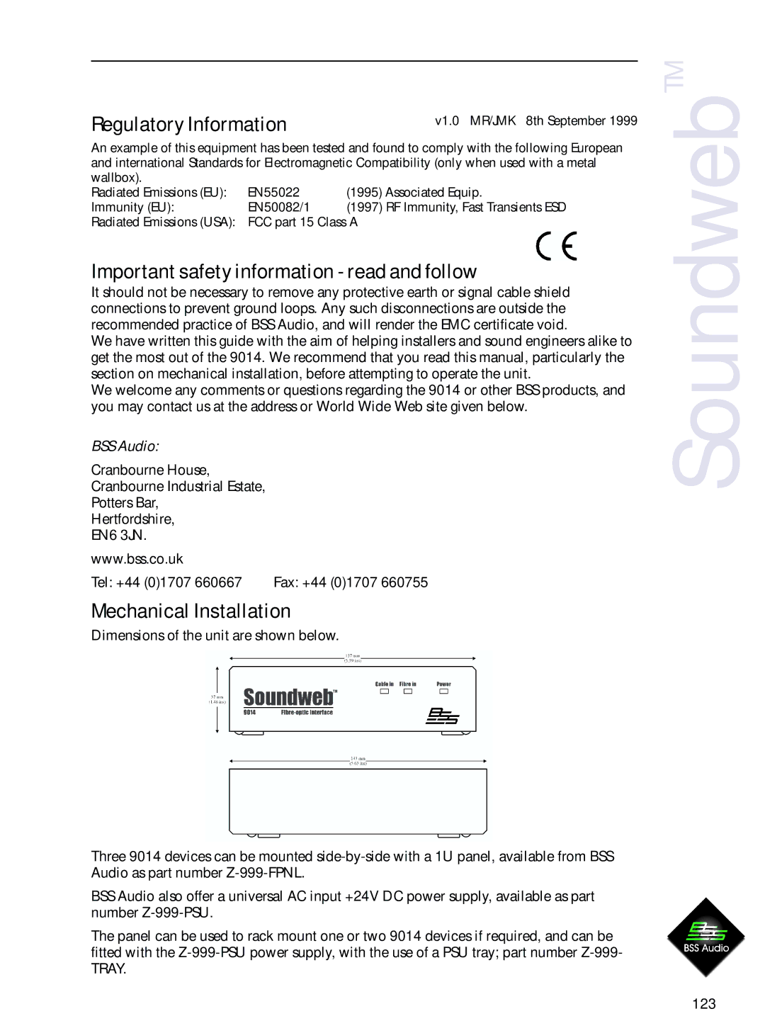 BSS Audio 9014 manual Regulatory Information, Important safety information read and follow, Mechanical Installation 