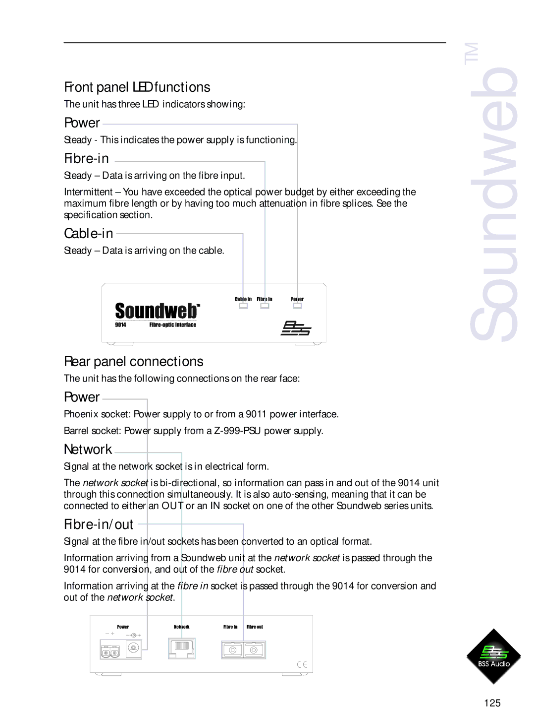 BSS Audio 9014 manual Front panel LED functions, Power, Cable-in, Rear panel connections, Network, Fibre-in/out 