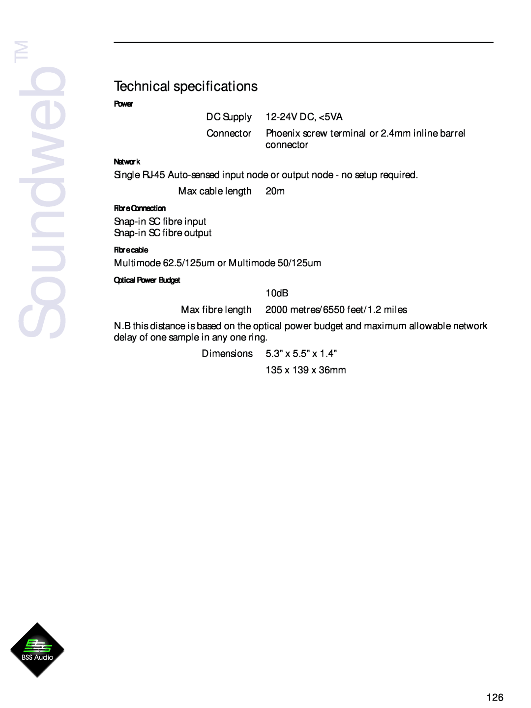 BSS Audio 9014 manual Technical specifications, SoundwebTM 