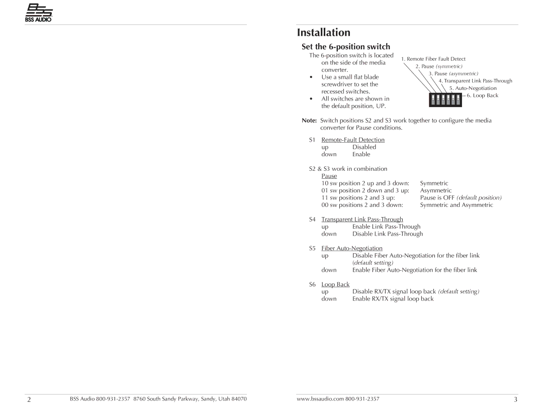 BSS Audio MC-1 manual Installation, Set the 6-position switch, Default setting 