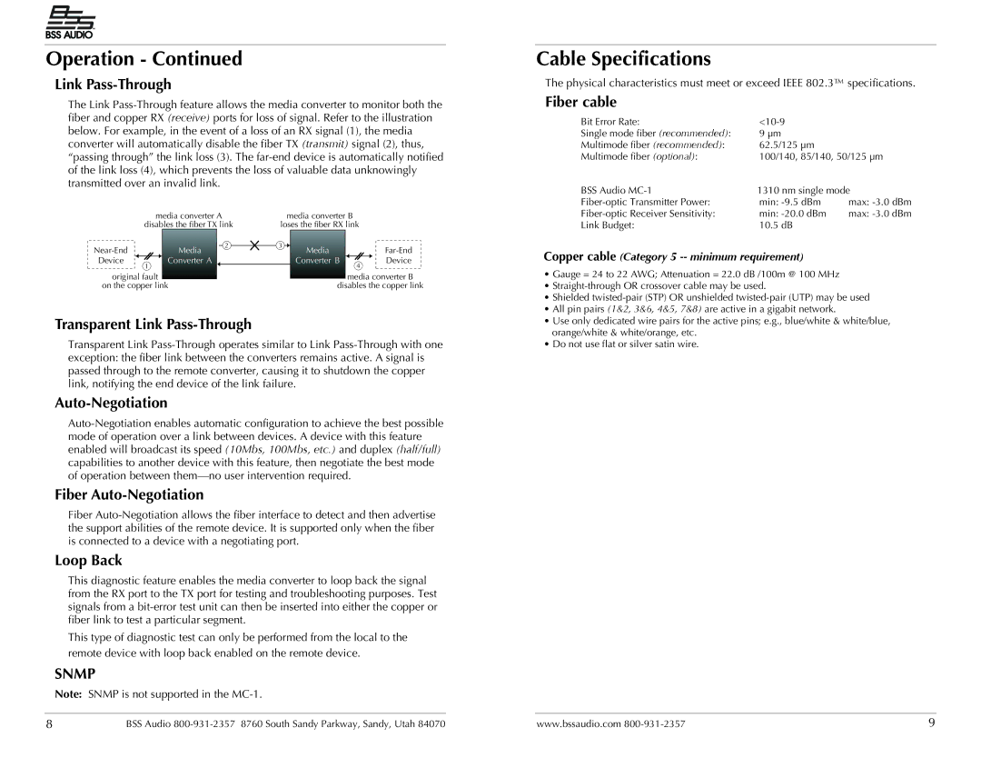 BSS Audio MC-1 manual Cable Specifications 