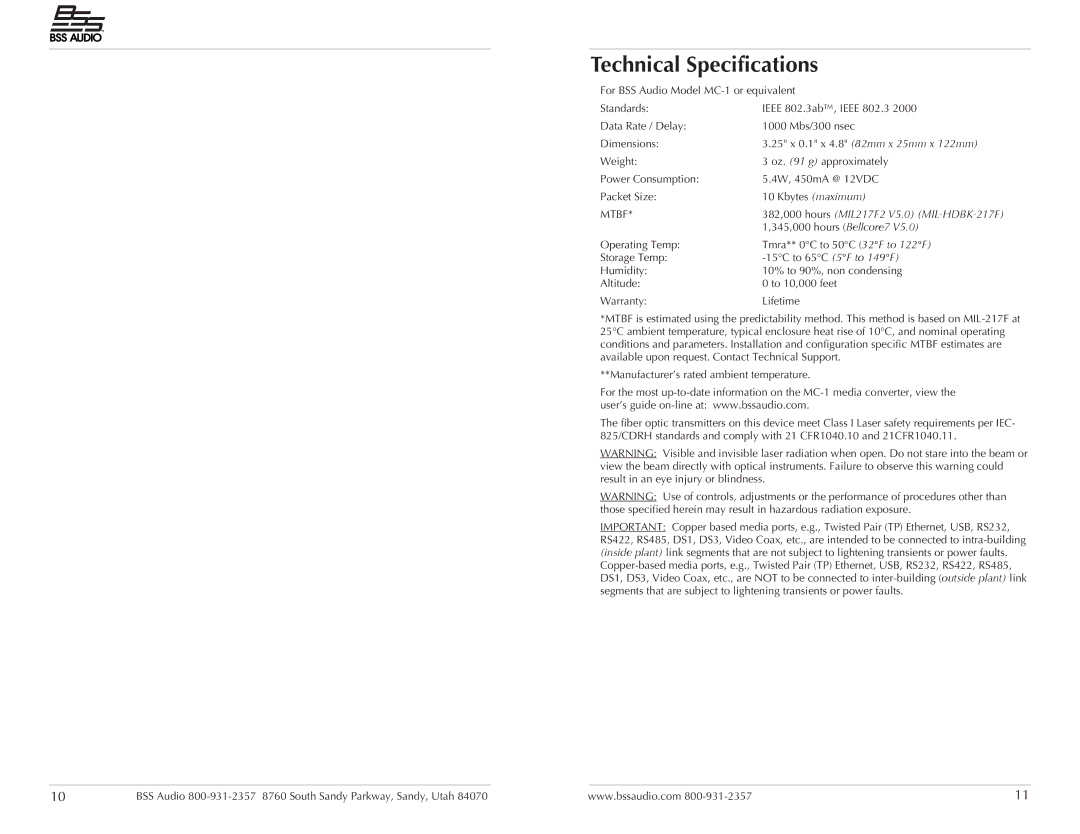 BSS Audio MC-1 manual Technical Specifications, 25 x 0.1 x 4.8 82mm x 25mm x 122mm 