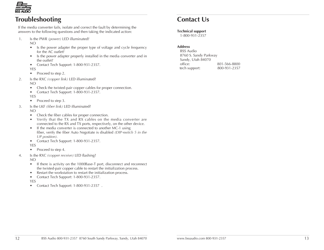 BSS Audio MC-1 manual Troubleshooting, Contact Us, Technical support Address 