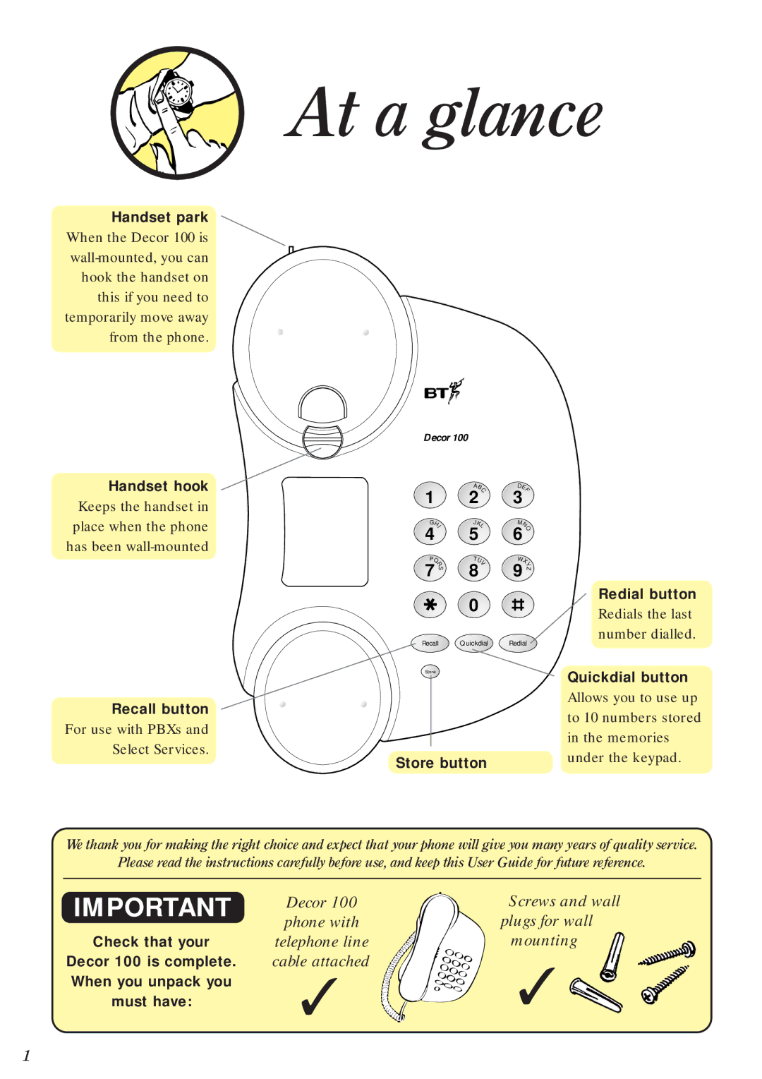 BT 100 manual Decor Screws and wall Phone with Plugs for wall, Telephone line Mounting, Cable attached 