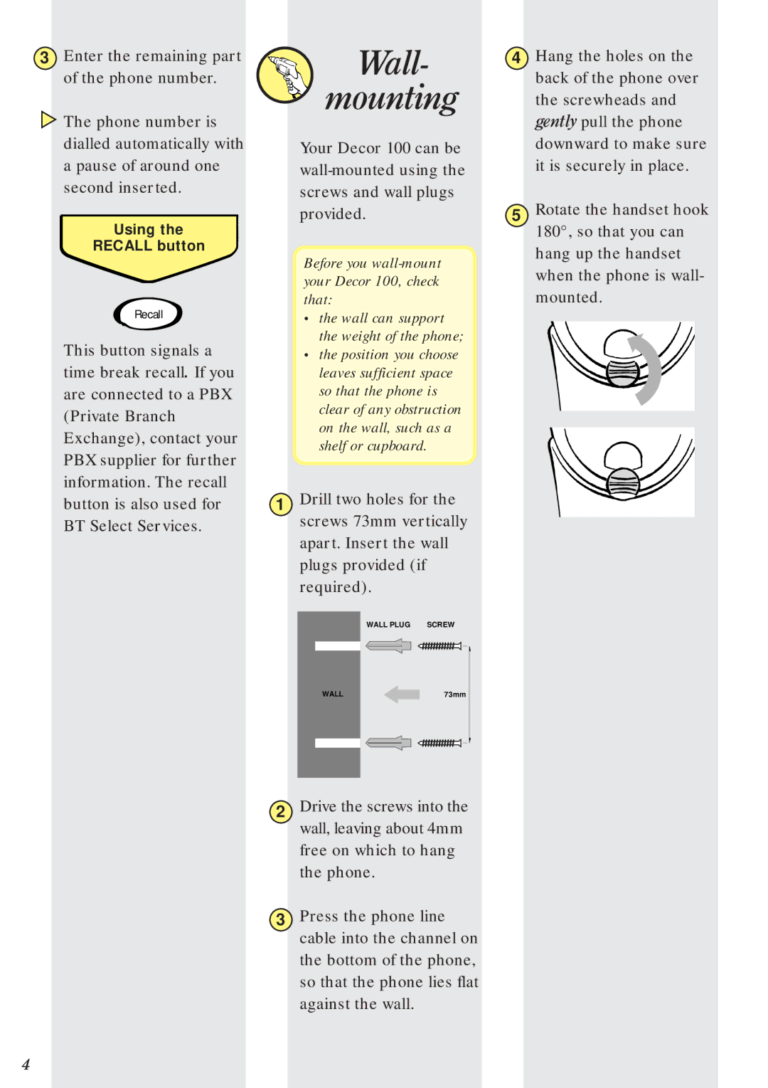 BT manual Wall Mounting, Before you wall-mount your Decor 100, check that 