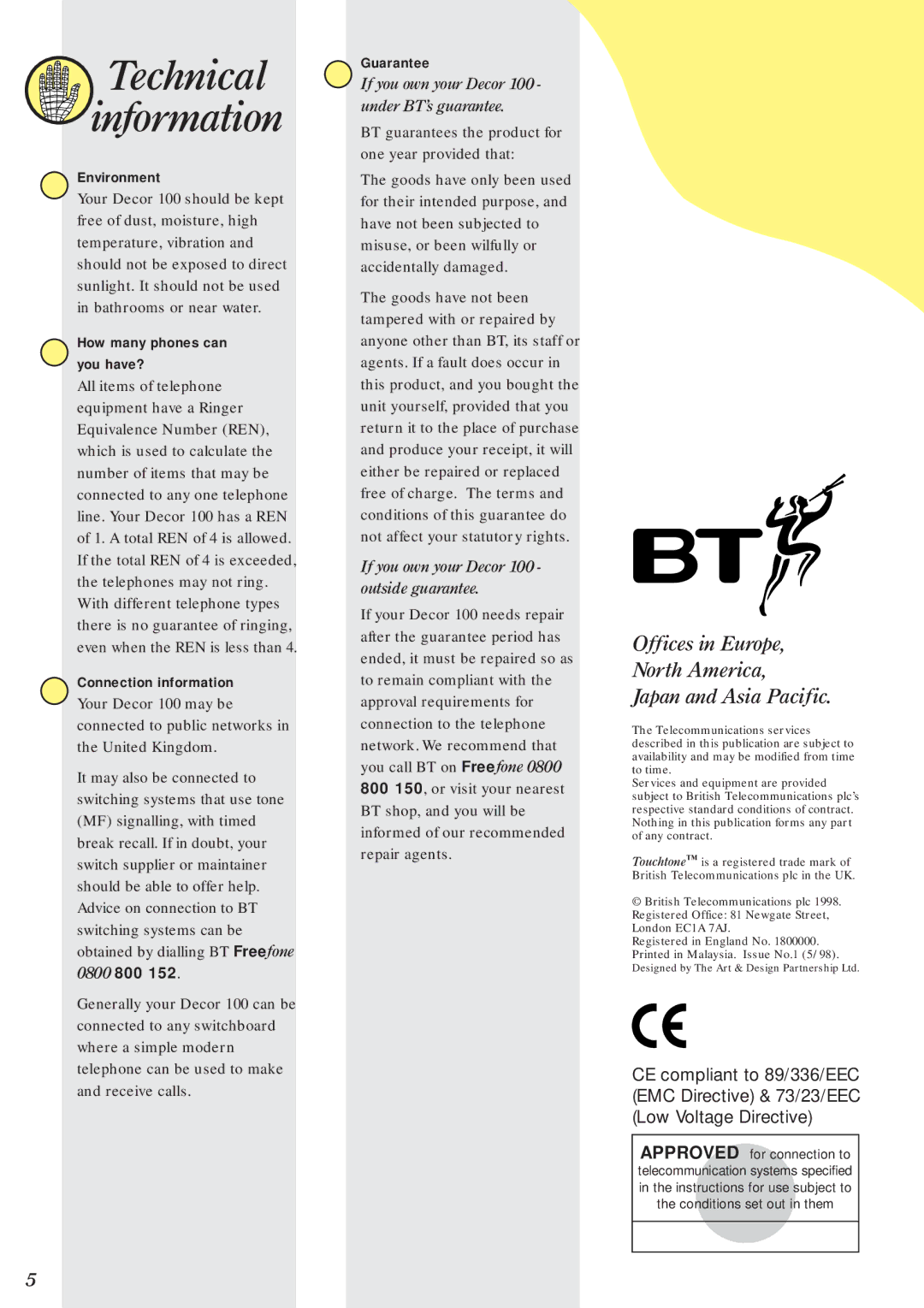 BT 100 manual Technical Information, Offices in Europe North America Japan and Asia Pacific 