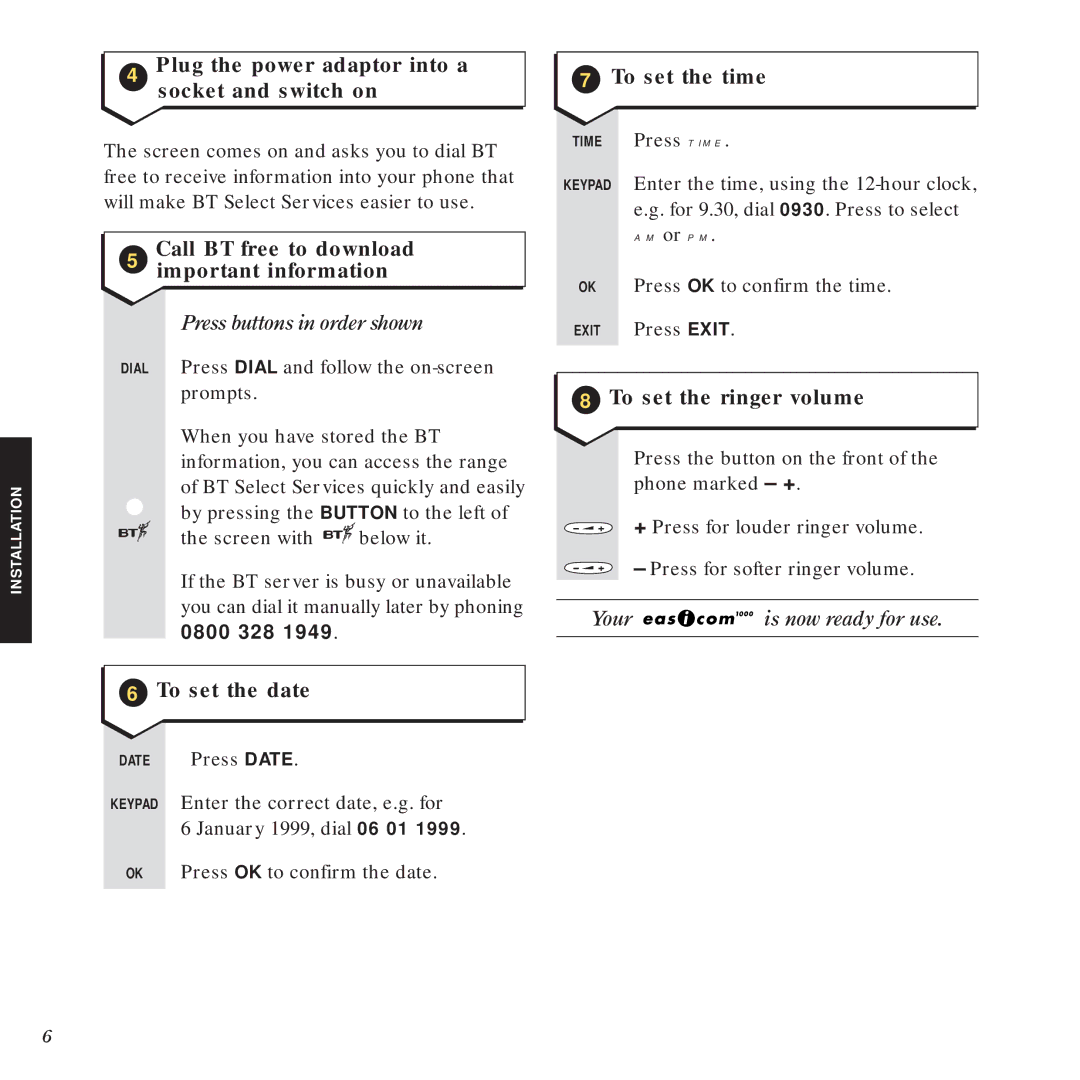 BT 1000 manual Plug the power adaptor into a socket and switch on, Call BT free to download Important information 