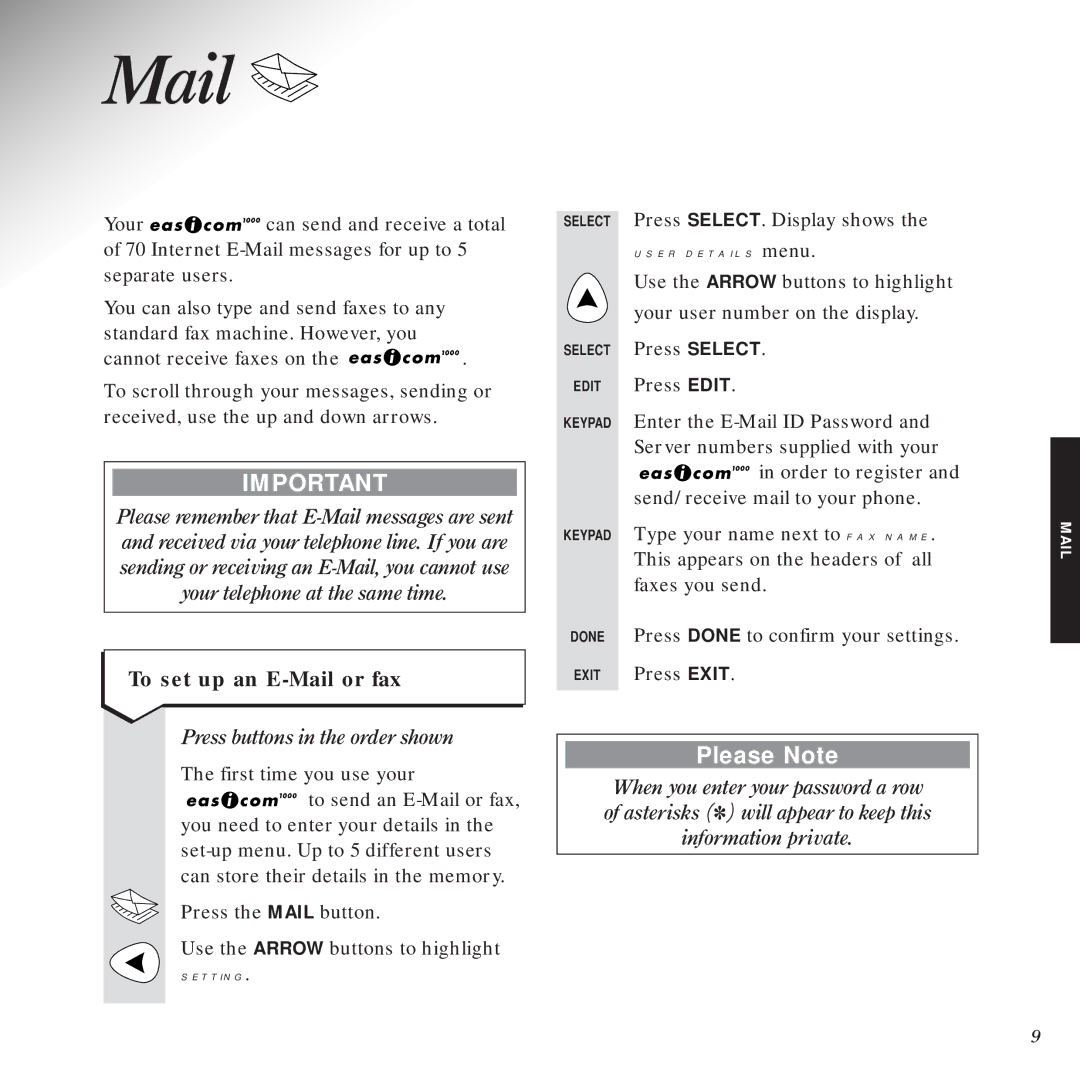 BT 1000 manual To set up an E-Mail or fax, Setting 