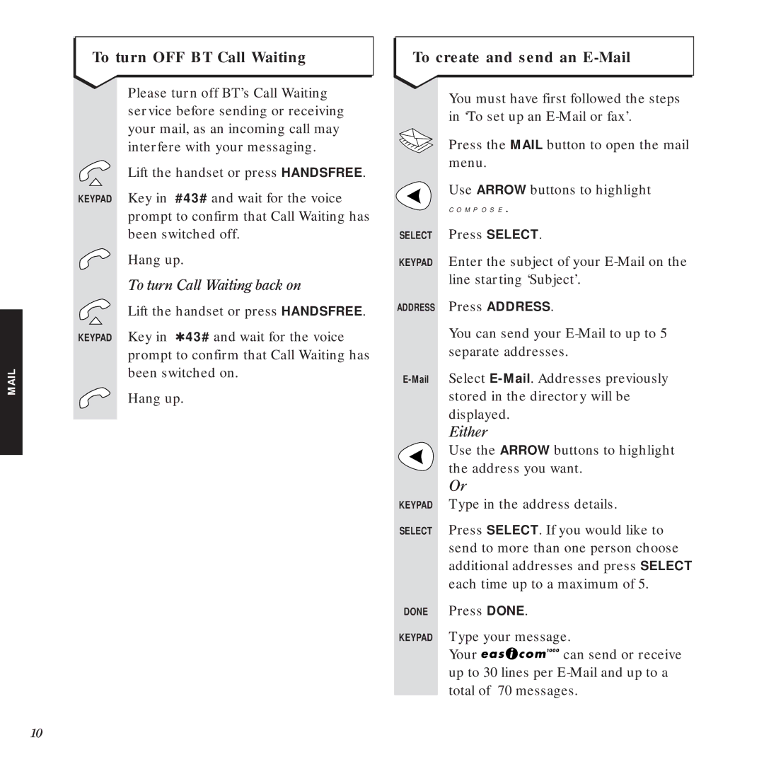 BT 1000 manual To turn OFF BT Call Waiting, To create and send an E-Mail, To turn Call Waiting back on, Compose, Either 