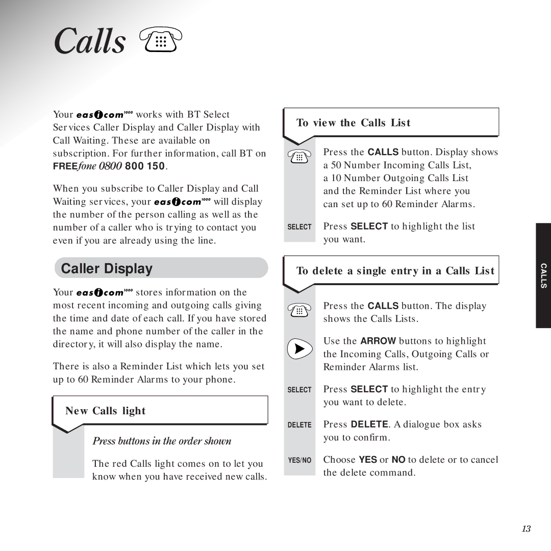 BT 1000 manual Caller Display, To view the Calls List, New Calls light, To delete a single entry in a Calls List 