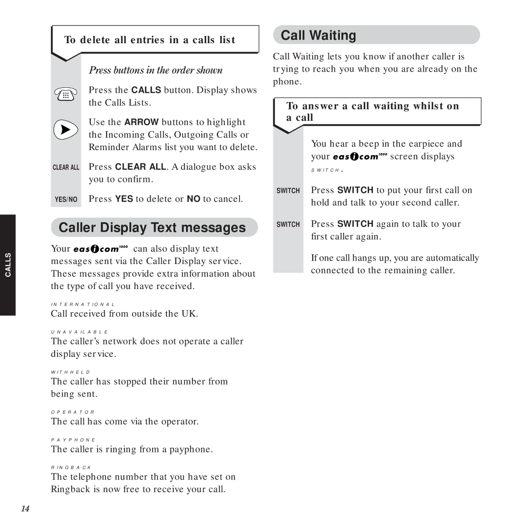 BT 1000 manual Caller Display Text messages, Call Waiting, To delete all entries in a calls list 