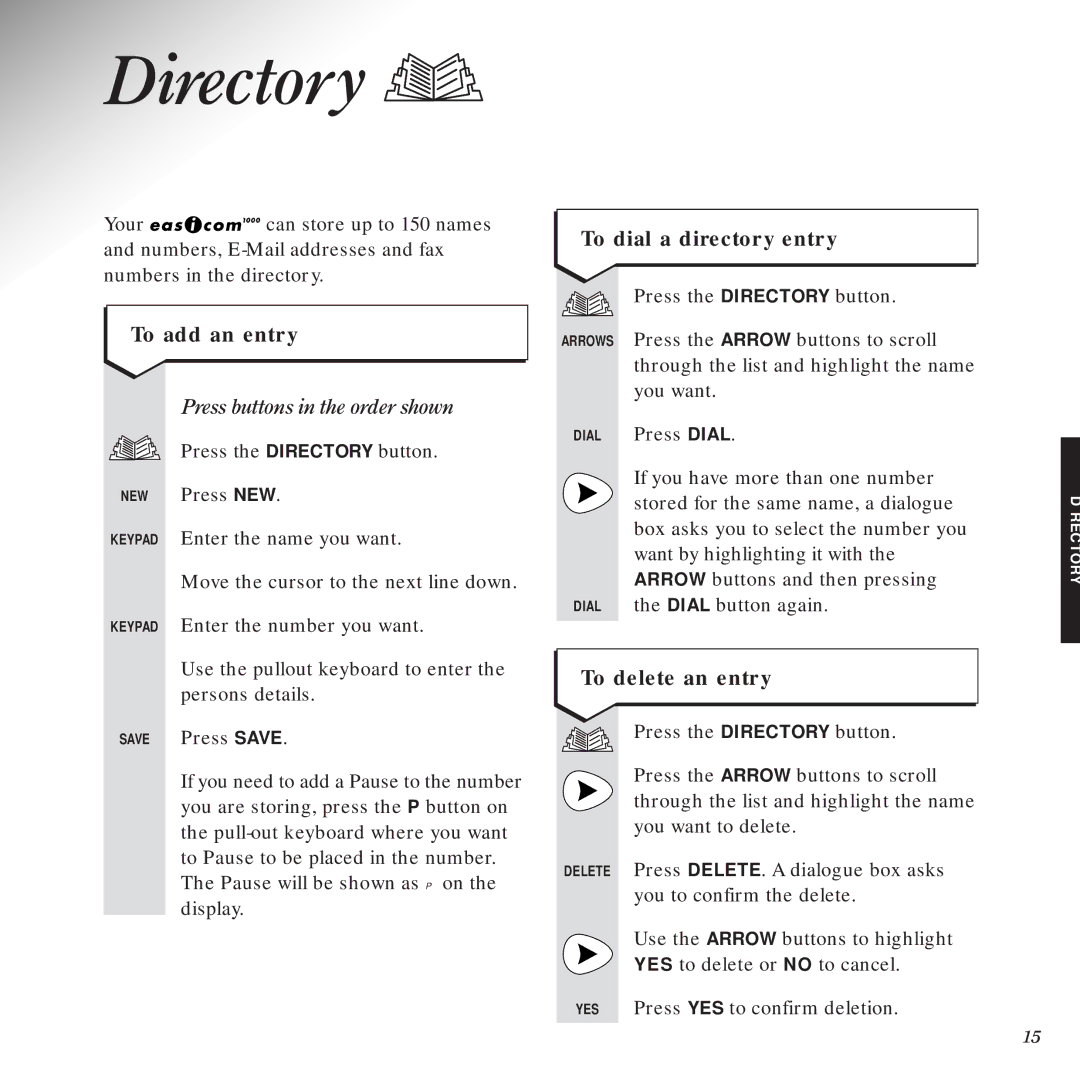 BT 1000 manual Directory, To add an entry, To dial a directory entry, To delete an entry 