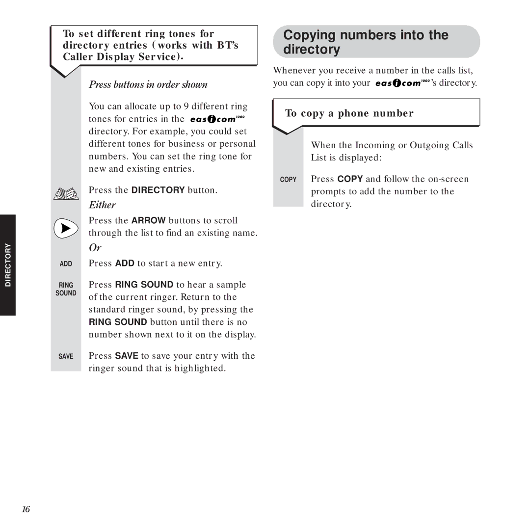 BT 1000 manual Copying numbers into the directory, To copy a phone number 