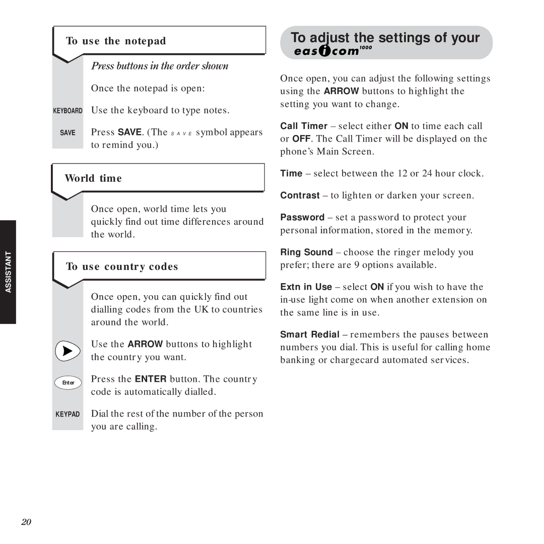 BT 1000 manual To use the notepad, World time, To use country codes 