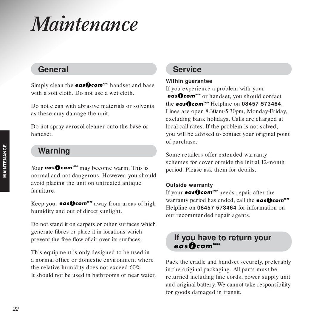 BT 1000 manual Maintenance, General, Service, If you have to return your 