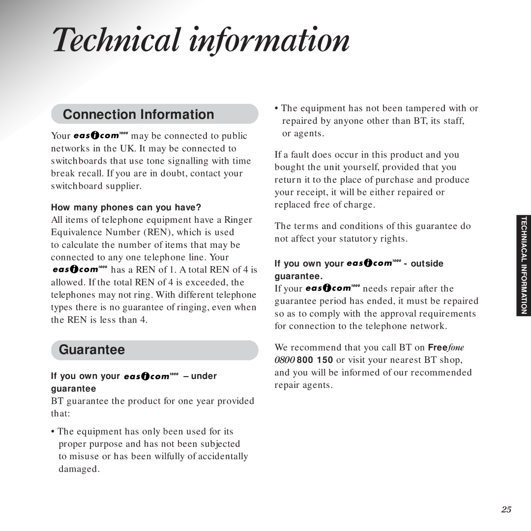 BT 1000 manual Technical information, Connection Information, Guarantee 