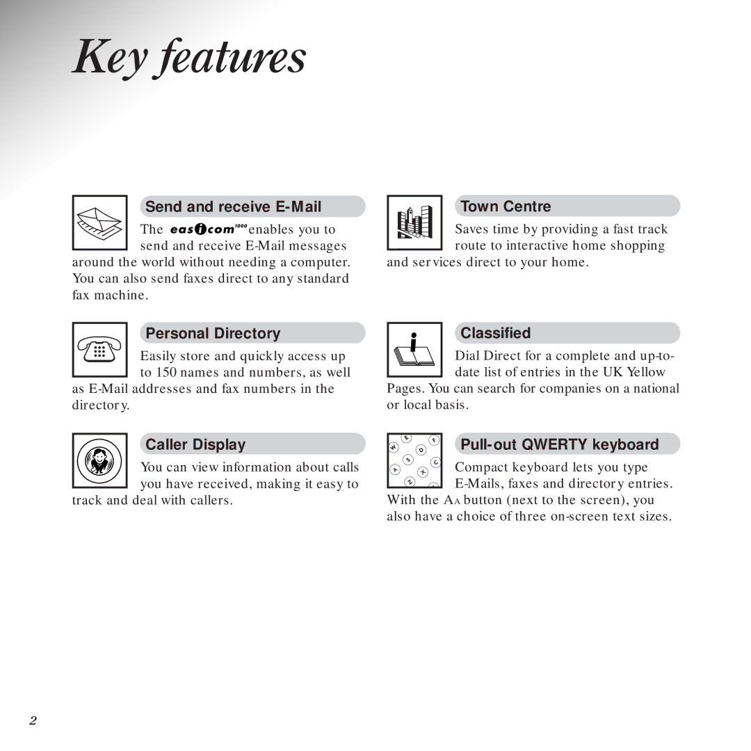 BT 1000 manual Key features, Send and receive E-Mail 