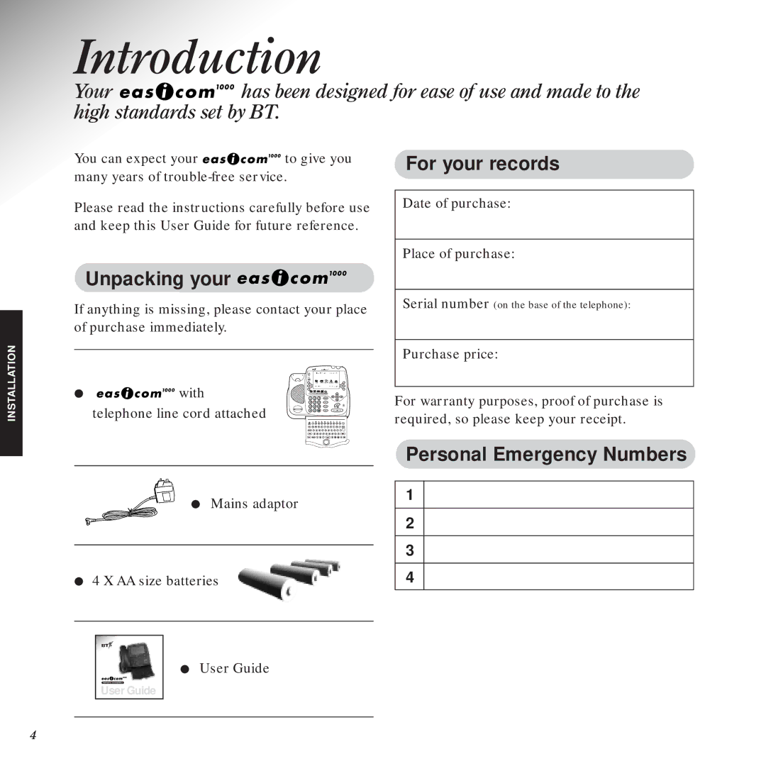 BT 1000 manual Introduction, Unpacking your, For your records, Personal Emergency Numbers 