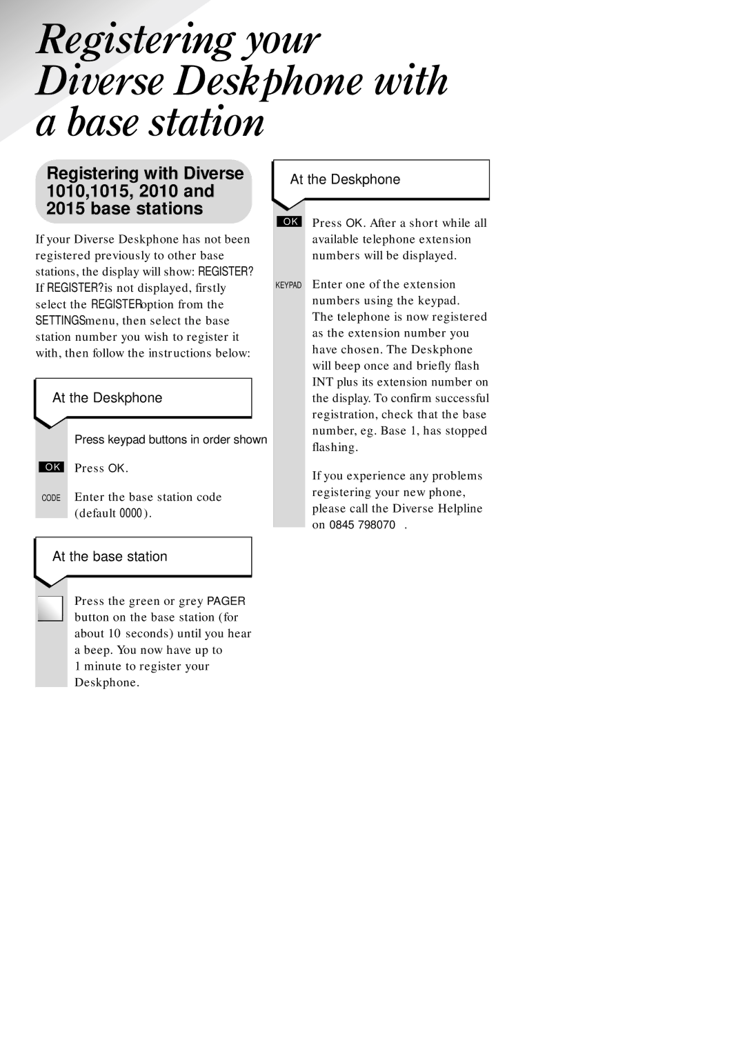 BT 1015, 1010, 2010, ISDN, 2015 Registering your Diverse Deskphone with a base station, At the Deskphone, At the base station 