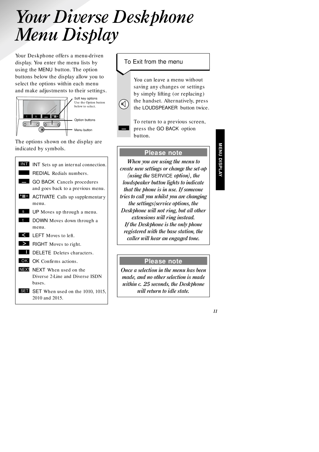 BT 2010, 1010, ISDN, 2015, 1015, 2-Line manual Your Diverse Deskphone Menu Display, To Exit from the menu 