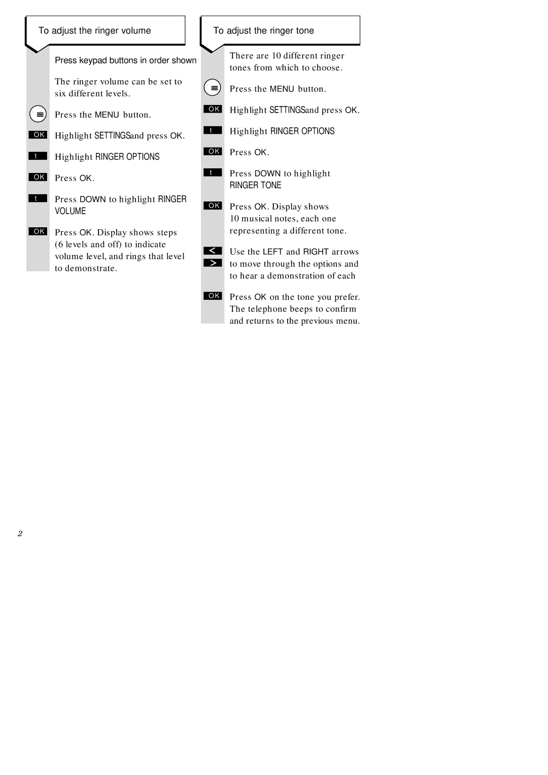 BT 1010, 2010, ISDN, 2015, 1015, 2-Line manual To adjust the ringer volume, To adjust the ringer tone, Ringer Tone 