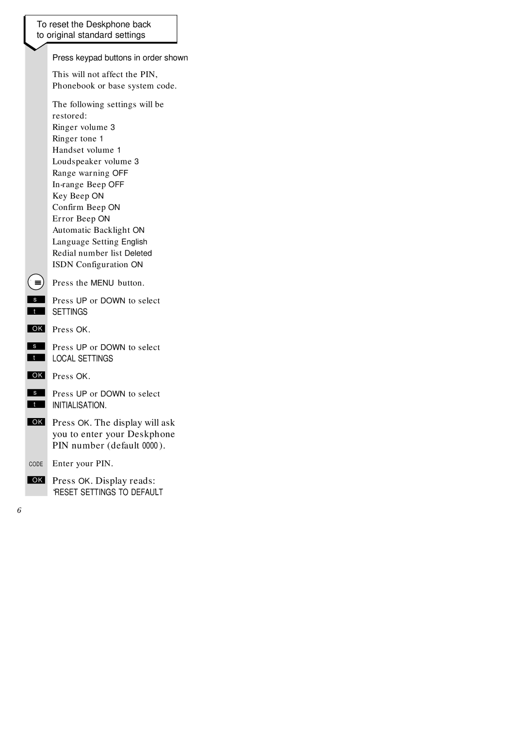 BT 1015, 1010, 2010, ISDN, 2015 To reset the Deskphone back to original standard settings, Local Settings, Initialisation 