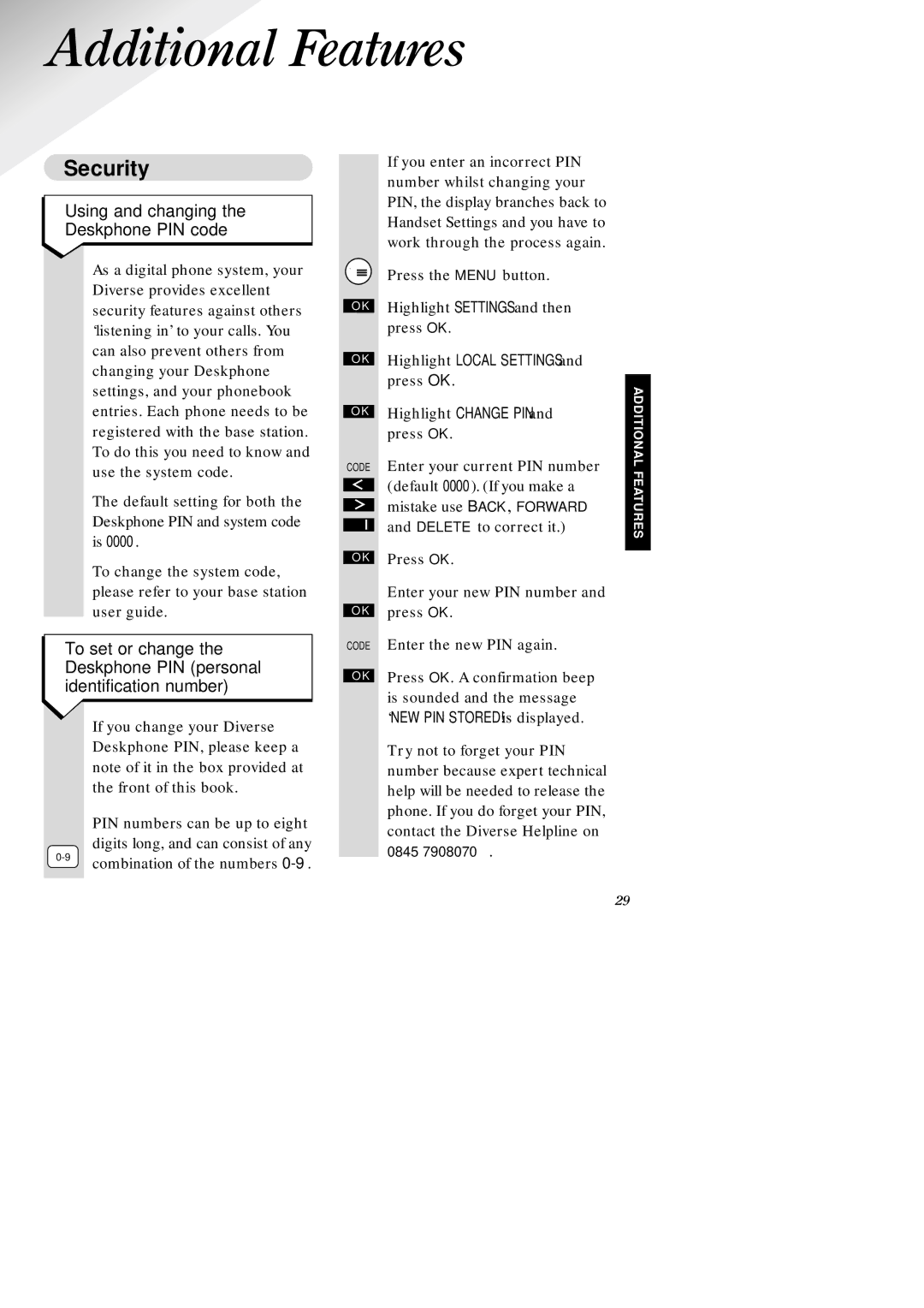 BT 2010, 1010, ISDN, 2015, 1015, 2-Line manual Additional Features, Security, Using and changing the Deskphone PIN code 