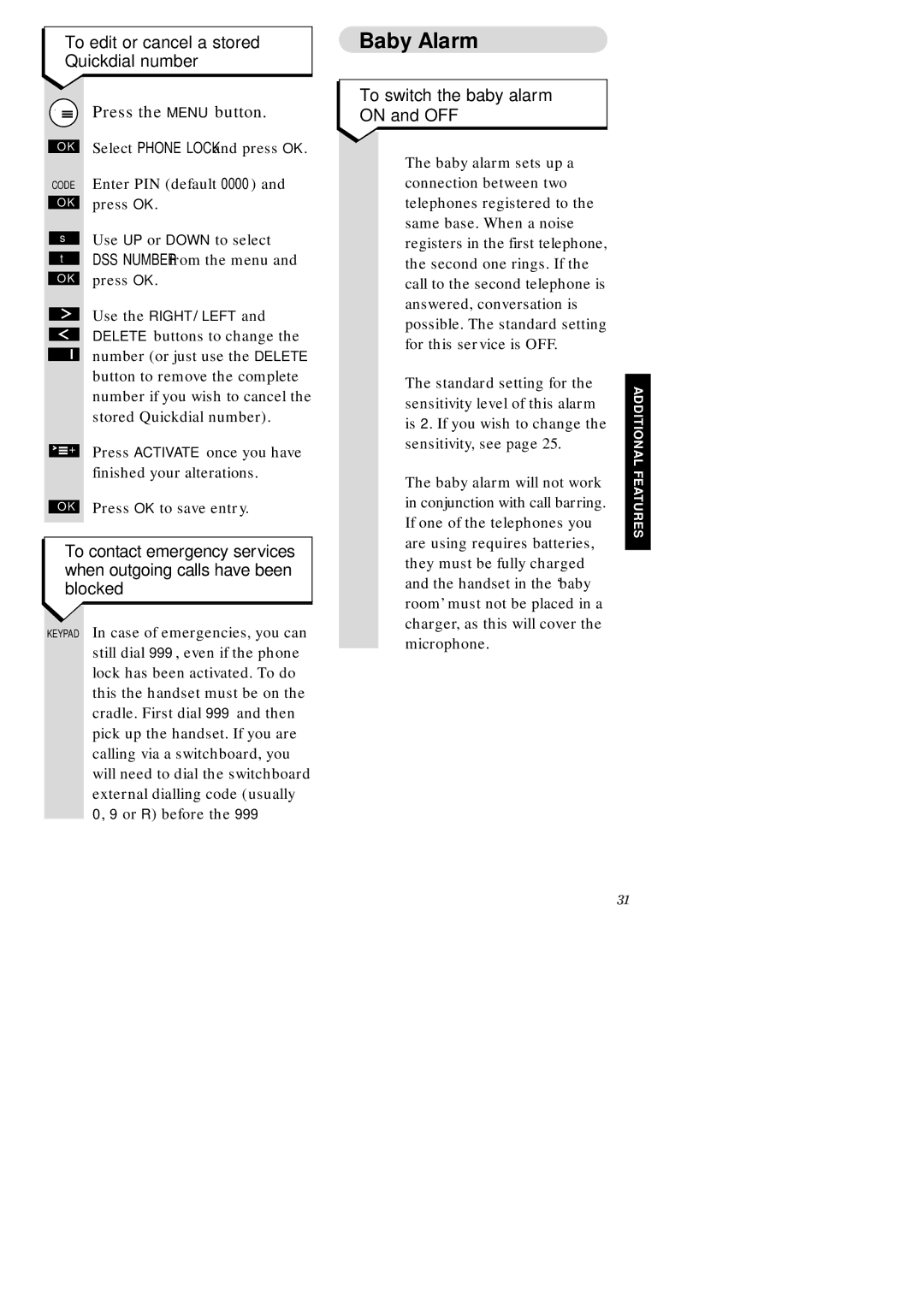 BT 2015, 1010, 2010, ISDN, 1015 Baby Alarm, To edit or cancel a stored Quickdial number, To switch the baby alarm on and OFF 