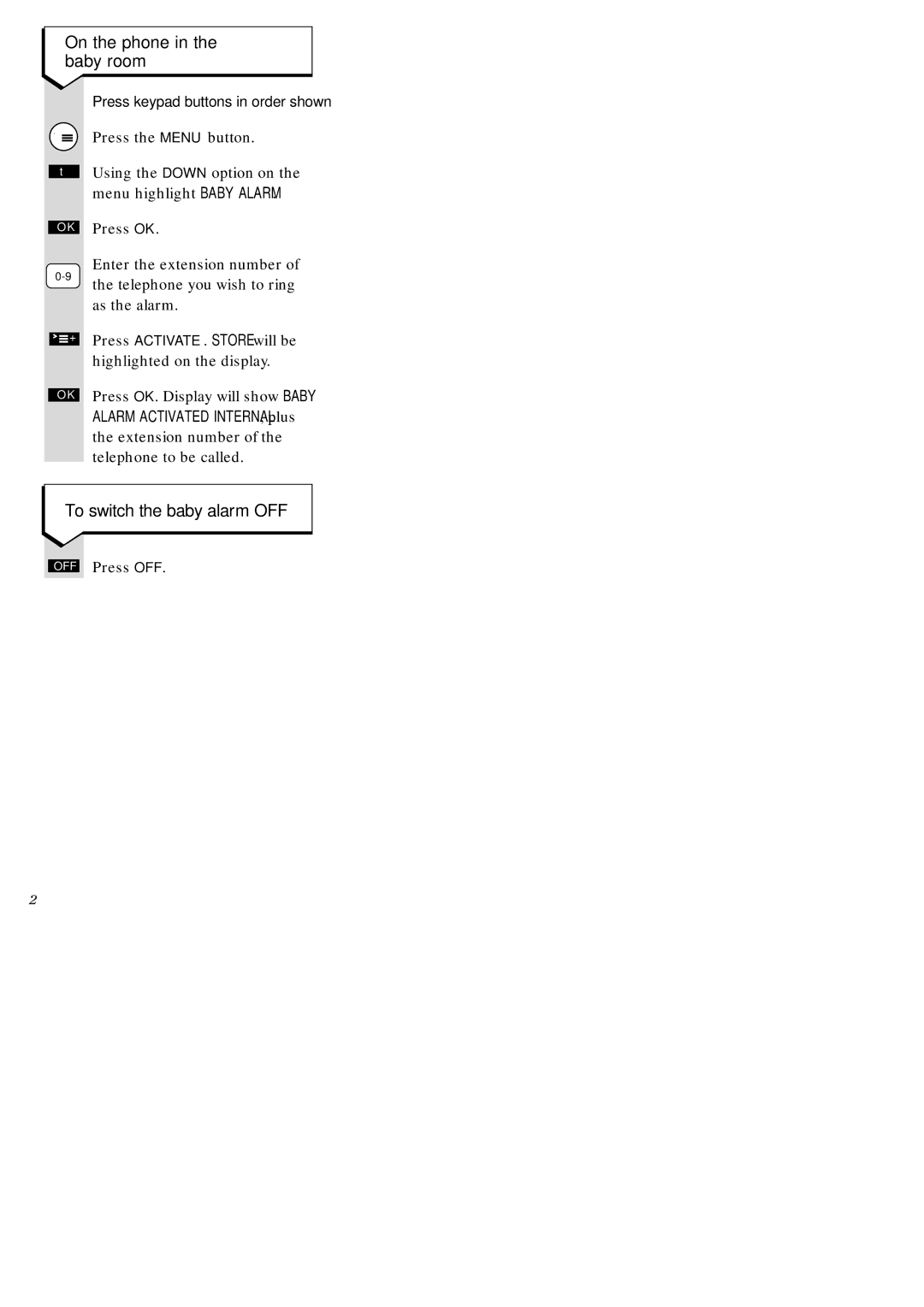 BT 1015, 1010, 2010, ISDN, 2015, 2-Line manual On the phone in the baby room, To switch the baby alarm OFF 