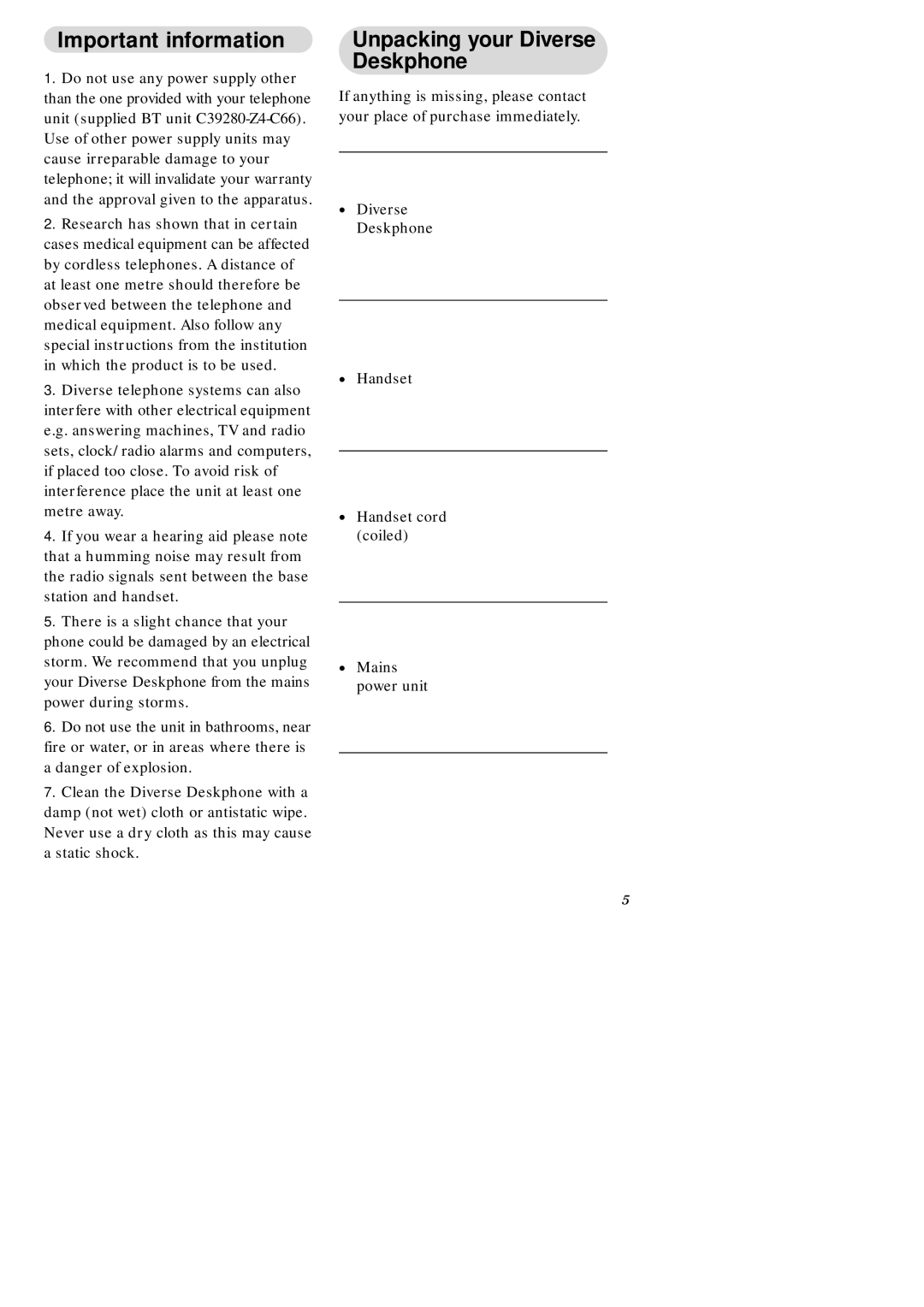 BT 2010, 1010, ISDN, 2015, 1015, 2-Line manual Important information, Unpacking your Diverse Deskphone 