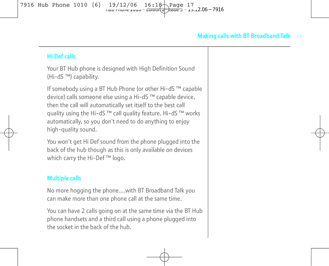 BT 1010 manual Making calls with BT Broadband Talk Hi Def calls, Multiple calls 