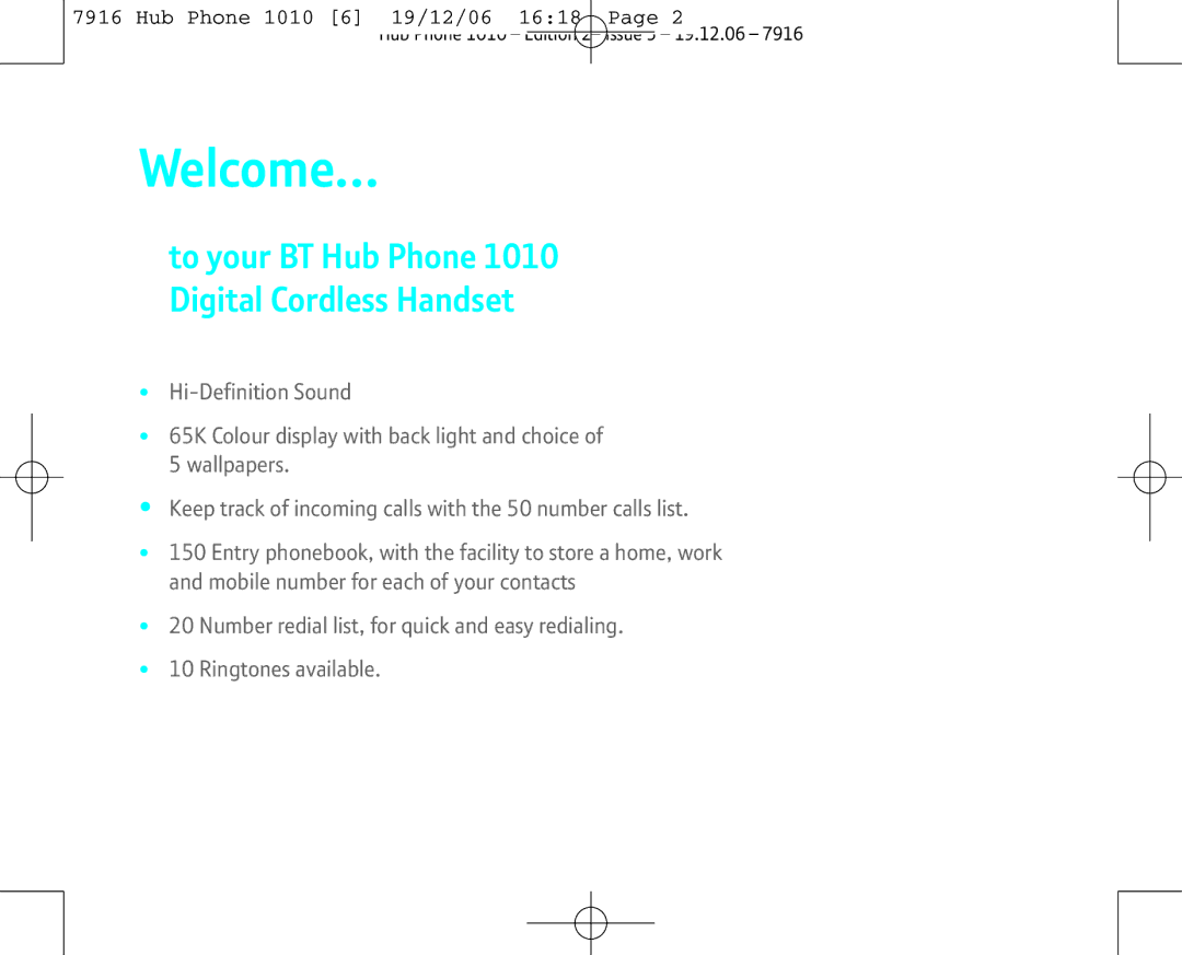 BT manual Welcome…, To your BT Hub Phone 1010 Digital Cordless Handset 