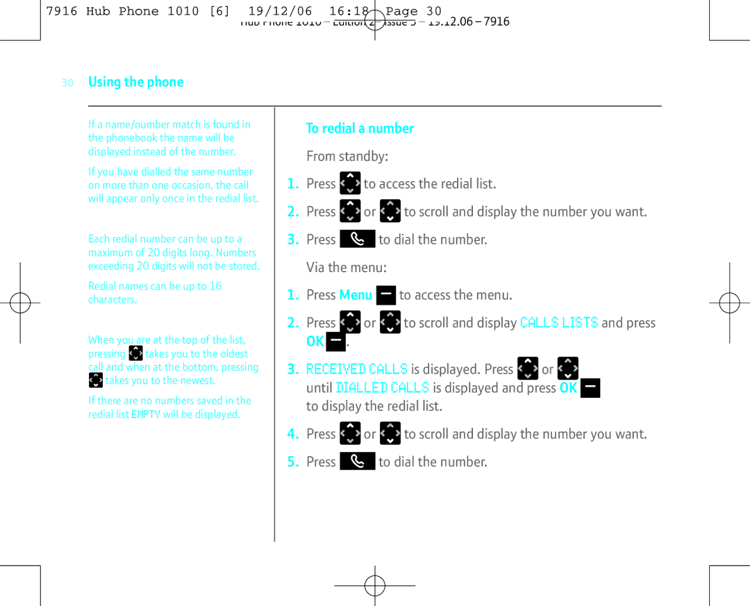 BT 1010 manual To redial a number 