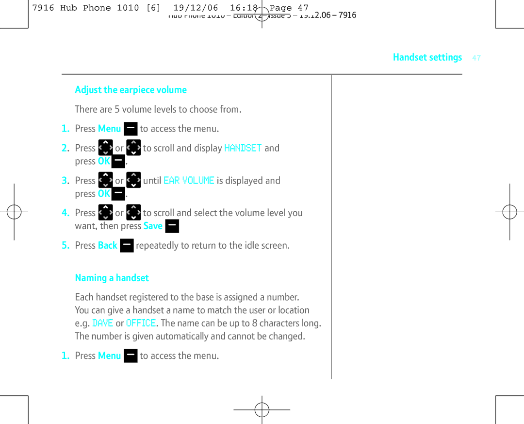 BT 1010 manual Handset settings Adjust the earpiece volume, Naming a handset 